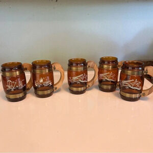 Vintage 1960s Siesta Ware Western Amber Mugs with Wooden Handles